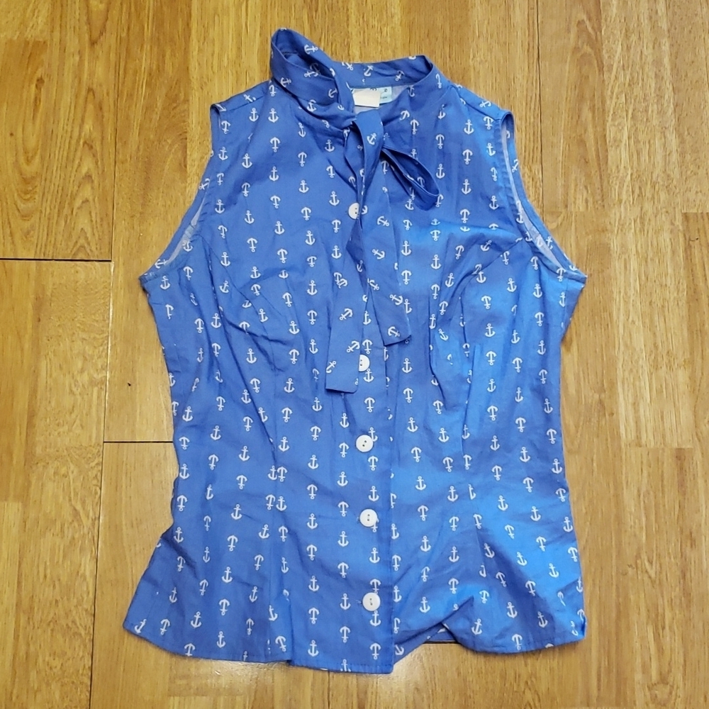 Mandie Bee retro pinup sleeveless Ella top with tie XS anchor print
